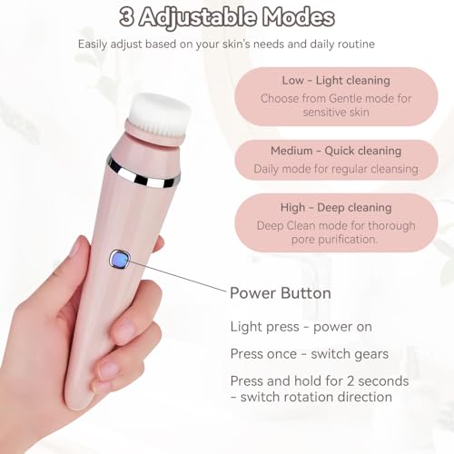 Facial Brush, 3 Speeds Adjustable Facial Cleansing Brush with Base, Waterproof & Rechargeable Face Scrubber Exfoliator with 4 Brush Heads for Women, Pink