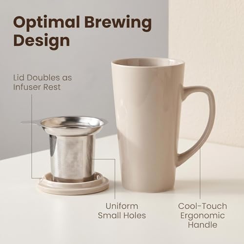 15 Ounce Porcelain Tea Mug with Infuser, Lid and Spoon, Loose Leaf Tea Cup, Grey - color: Gray
