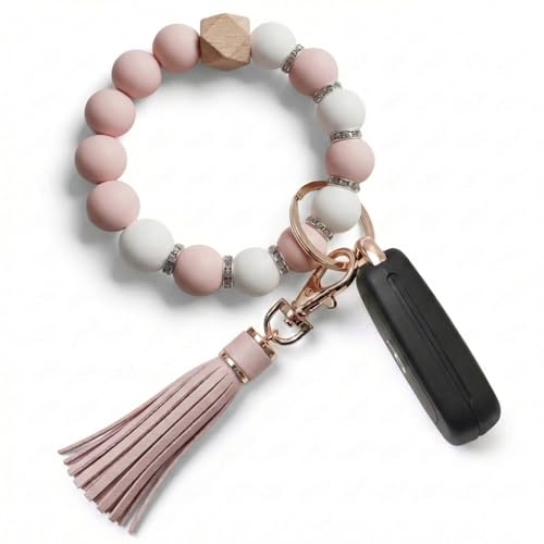 BIHRTC Key Ring Bracelet Car Keychain Holder Wristlet Silicone Women Beaded Bangle Chains - color: Mint Jade
