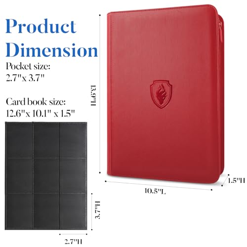Premium Zip Card Binder, Fabmaker 9 Pocket Trading Card Binder PU Cover - color: Red, size: 9 Pocket - 13.9" x 10.5"