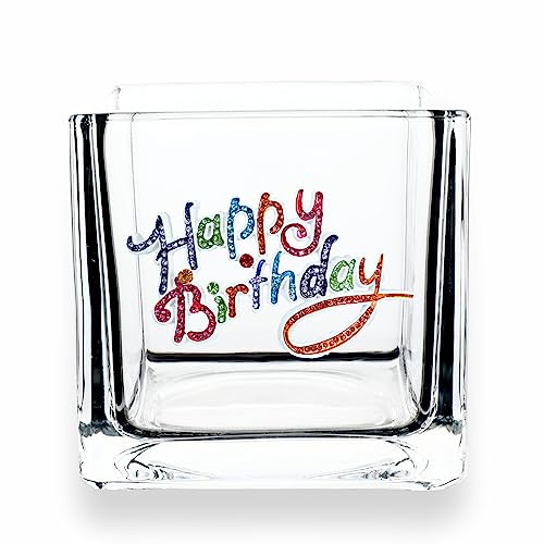 THE QUEENS' JEWELS Happy Birthday Jeweled 4x4 Candle Holder Vase - Unique Gift for Women, Birthday, Cute, Fun, Cocktail, Queen, Not Painted, Decorated, Bling, Bedazzled, Rhinestone - color: Happy Birthday