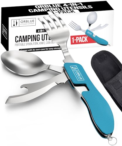 Orblue 4-in-1 Camping Utensils, 1-Pack, Portable Stainless Steel Spoon, Fork, Knife & Bottle Opener Combo Set - Travel, Backpacking Cutlery Multitool, Blue - color: 1-PACK Ultramarine Blue