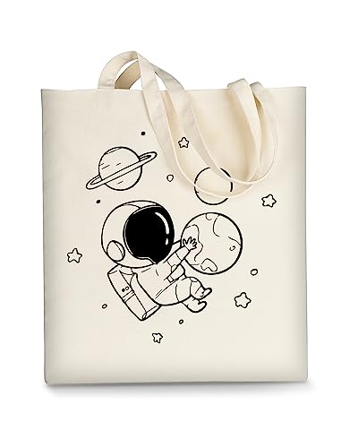 AUSVKAI Canvas Tote Bag Aesthetic Cute For Women College Grocery Bag Cotton Cloth Beach Totes Gift - color: Astronaunt Planet