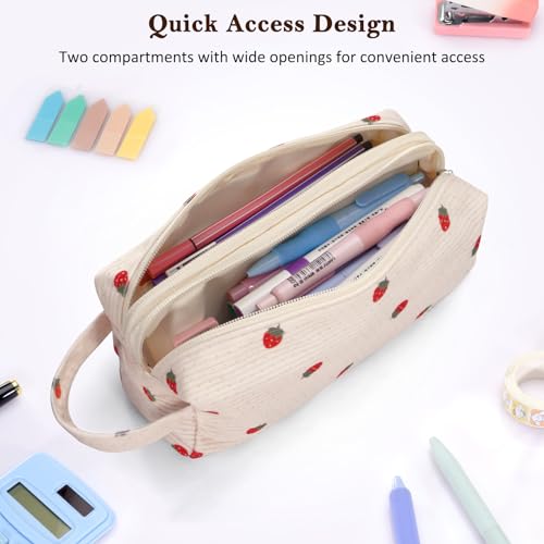 FINPAC Pencil Case, Corduroy Makeup Bag for Women, Kawaii Pen Pouch Holder, Large Storage Box Organizer for Study, Office, or Travel (Strawberry) - color: Strawberry