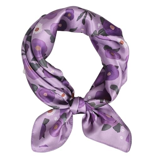 Women 100% Mulberry Silk Neck Scarf 21" Square Floral Neckerchief - color: Purple Floral