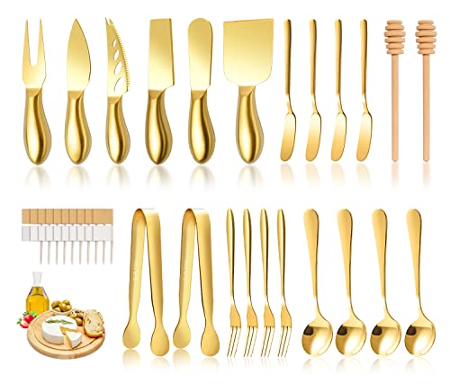LifeMusican Gold Cheese Knife Set For Charcuterie Board Accessories, Stainless Steel Cheese Slicer And Butter Spreader knives Kit With Serving Tongs, Spoons, Forks, Flags Cheese Markers, Honey Dipper - color: Gold