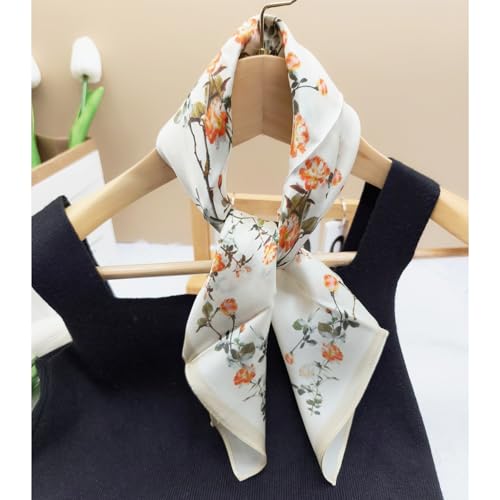 100% Mulberry Silk Neck Scarf for Women Square Neckerchief – 21 inch - color: Beige Flower