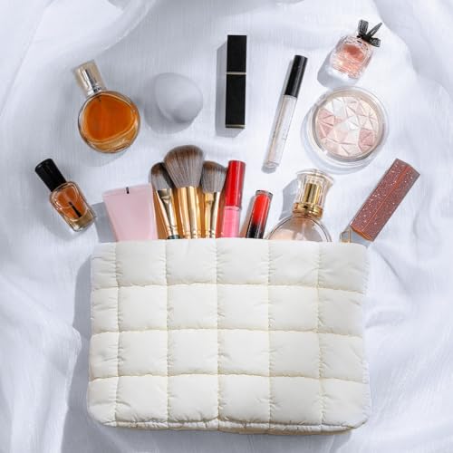 Hillban White Puffy Quilted Makeup Bag for Women Cosmetic Bag Gift, Classic - color: White, size: Classic