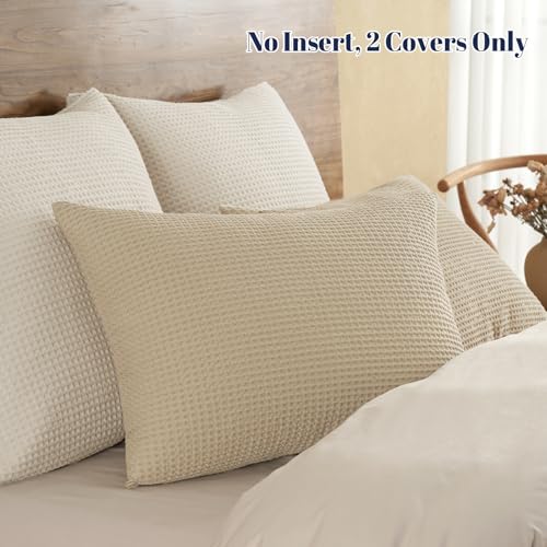 PHF Cotton Waffle Pillow Shams King Size, 20" x 36", Khaki, No Insert - color: Khaki, size: 36" x 20" (Pack of 2)