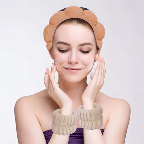 Beleki Spa Headband for Washing Face Wristband Set Sponge Headband Makeup Skincare Face Washing Headband Terry Cloth Bubble Puffy Hairband Non Slip Headwear Hair Accessory for Women - Orange - color: Orange