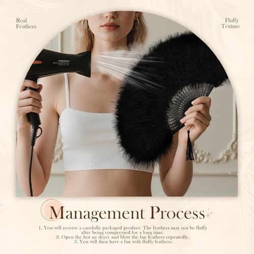 whitefeather Vintage Feather Hand Fan, 17.7 x 11.8 inches, Marabou Feathers, 1920s Style for Costume Parties, Tea Parties - color: Black
