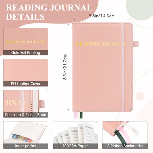 AKONEGE Reading Journal for Book Tracking - PU Leather Book Journal Reading Log with 80 Reviews for Readers, Accessories with Sticky Tabs, Pen Holder, Ribbon Bookmarks, 5.6" x 8.3", Pink - color: Pink
