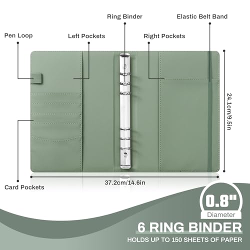 Ovesmusl PU Leather Aesthetic A5 Binder 6 Ring Binder Journal Cover - color: Green, size: A5