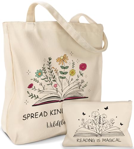 Miss Adola Canvas Tote Bag with Matching Makeup Pouch - color: Books Blossoms