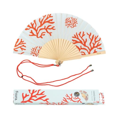Fisura – Original Blue Folding Fan with Corals Design, Wooden Handheld Fan for Women, Includes Hanger, Perfect for Wedding, Party, Travel, Gift or Summer Decoration - color: Corals