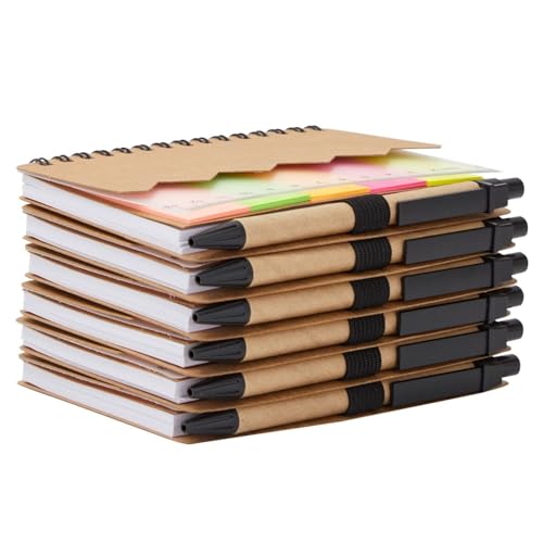 Juvale School Supplies Pocket Notebook & Pen - 4 x 5.5 in, Brown Cover, 6-Pack - Lined Mini Notepad Spiral Journal with Elastic Pen Holder - 65 Tabs & Ruler Sheet