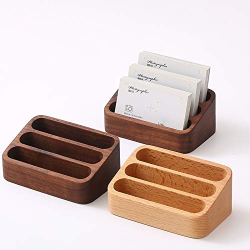 Sizikato Wooden Business Card Holder for Desk, 3 Card Slots Business Card Display Holder Stand - color: Beech