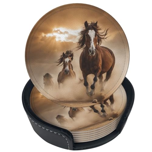 6 Pcs Leather Coasters for Drinks with Holder Two Running Horses Coaster Sets Drink Table Cup Coasters for Kitchen Coffee Decor - color: Two Running Horses