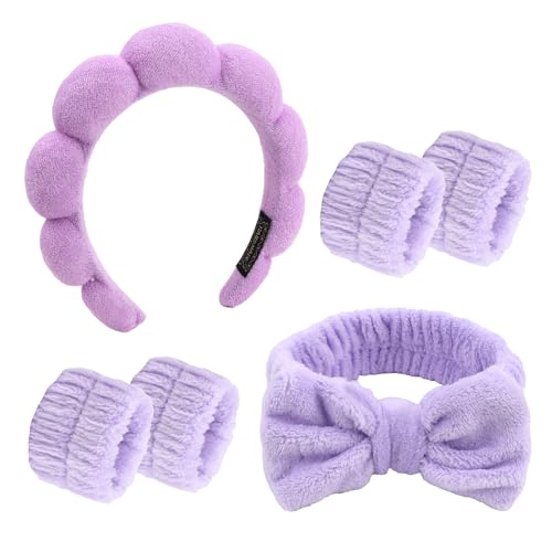 Purple Skincare Bubble headband and wristband set for Face Washing - color: Purple