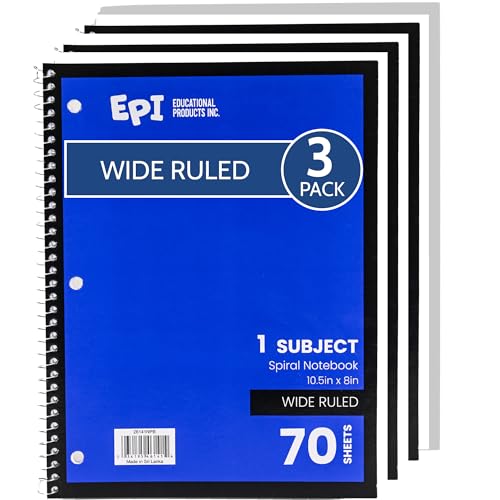 EPI Spiral Notebook | Wide - 70 Sheets, Durable Spiral Binding | 10.5 x 8 in | Classroom Supplies | School, Office, Note Taking, Journaling - 3 Pack - color: Blue, size: 3