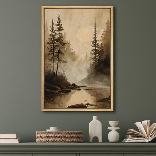 SIGNFORD Framed Canvas Print Wall Art Misty Forest River Landscape Rustic Woodland Scene with Sun Illustrations Modern Art Decorative Relax/Zen for Living Room, Bedroom, Office - 16x24 Natural - color: B08-2508-ll30, size: 24"L x 16"W