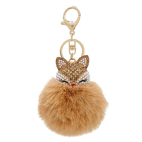 Faux Rabbit Fur Pom Pom Keychain with Fox Head - color: Brown