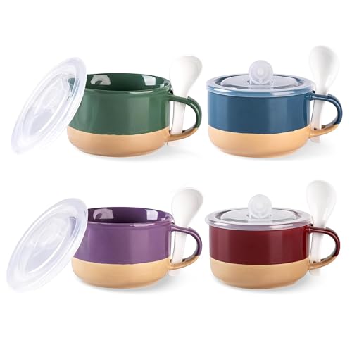 GBhome Ceramic Soup Mugs with Handles and Lids,24 OZ Soup Cups Set of 4 - color: Multicolor-2