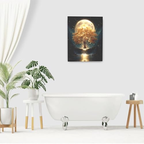 Golden Tree Wall Art Fantasy Tree with Moon and Waterfall Canvas Wall Decor Pictures Paintings Prints Mystical Nature Artwork Framed De corations For Meditation Space Bathroom Bedroom Living Room Office Gifts 16" x 20" - color: Golden Tree, size: 20"L x 1