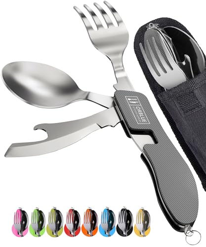 Orblue 4-in-1 Camping Utensils, 2-Pack - Portable Stainless Steel Spoon, Fork, Knife & Bottle Opener Combo Set - Travel, Backpacking Cutlery Multitool, Gray - color: 2-PACK Modern Gray