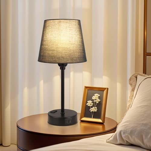 Black Bedside Lamps Set 2 for Bedroom - Dimmable Touch, USB C+A, AC Outlet - color: Black