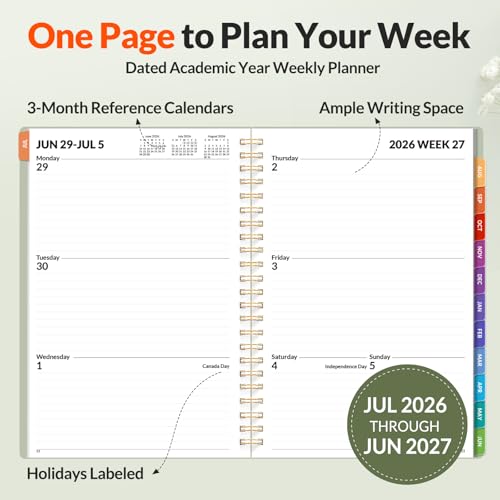 SUNEE Academic Planner 2026-2027 – Weekly & Monthly Planner, July 2026 to June 2027, 6.4"x8.3", Thick Paper, Tabs, Pockets, Bookmark, Spiral-Bound, Student Teacher Organizer, Sage Green - color: Green