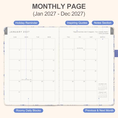 &And Per Se 2027 Planner, 12-Month Monthly & Weekly, 2027 Calendar Planner with 100gsm Paper, A5 Hardcover Faux Leather, 5.7" x 8" (Blue Flowers) - color: Blue Flowers, size: 5.7" x 8"(Jan 2027-Dec 2027)