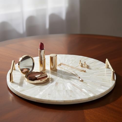 PEMAR Mother of Pearl Decorative Tray, 13" Round with Gold Metal Handles, Vanity/Perfume/Trinket Tray, Catchall for Dresser, Bathroom, Vanity Table (White Sunlight) - color: Cream Starburst