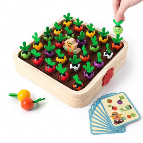 Montessori Kids Carrots Toy Carrot Harvest Game with 12 Challenge Cards Realistic Vegetables Storage Tray Educational Toys Shape Sorting Matching Puzzle Montessori Toys for Kids 3+