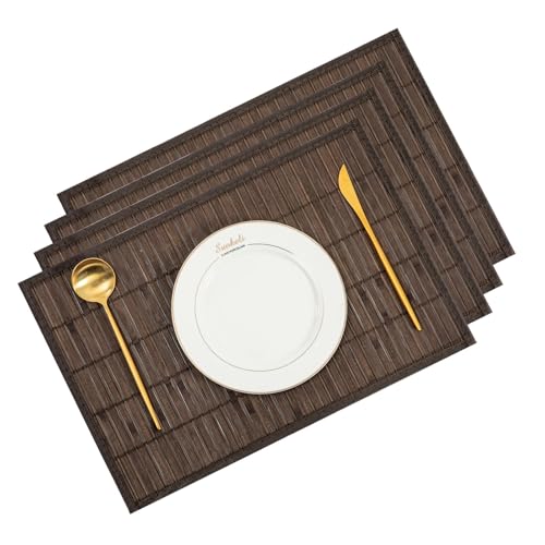 Bamboo Placemats Set of 4 with Fabric Border, Table Mats, Coffee - color: Coffee Color, size: Set of 4