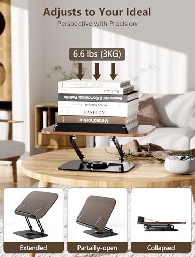 Book Stand for Reading, Adjustable Book Holder with 360° Rotating Base Foldable & Portable Cookbook Stand with Elastic Page Clip for Kindle Office Kitchen Recipe School Textbook Magazine Tablet Laptop