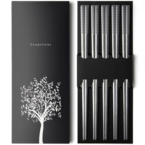 IQCWOOD Laser Engraved 304 Stainless Steel Chopsticks, 5 Pairs - color: Coin Pattern