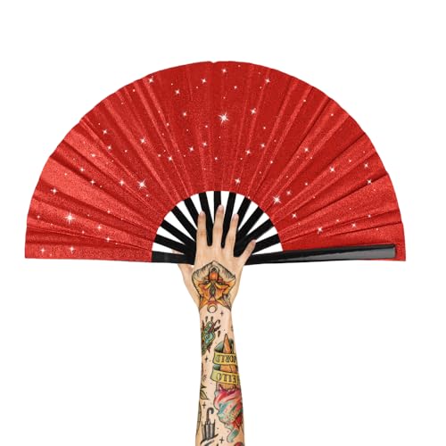 Large Folding Hand Rave Fan for Men/Women, Popping Fan for Line Dancing, Decorative Folding Hand Fan for Boots On The Ground, Festival, Gift, Home Decorations(Red) - color: Red