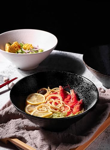 Kanwone Ceramic Japanese Ramen Bowl Set, Noodle Soup Bowls - 60 Ounce, with Matching Spoons and Chopsticks for Udon Soba Pho Asian Noodles, Set of 2, Black - color: Black, size: 9 Inch