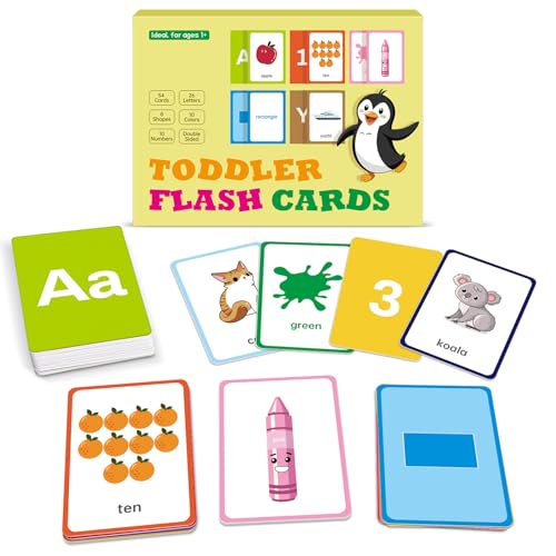 Flash Cards for Toddlers Learning – 54 Double-Sided Alphabet, Number, Color & Shape Cards – Durable Preschool Educational Toys for Kids Ages 2-5, Waterproof & Tear-Resistant, Montessori Early Learning
