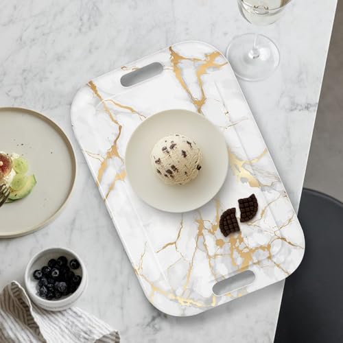 Serving Trays with Handles, 14.5 x 9.8 inch Rectangular Plastic Tray for Restaurant, Kitchen, Golden White Marble - color: Golden White Marble