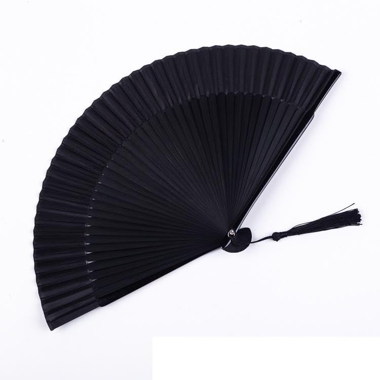 Japanese Vintage Bamboo Folding Handheld Fan for Women | Elegant Silk Hand Fan with Fabric Sleeve & Tassel | Portable Cooling Tool for Wedding, Church, Dance, Gift (Solid Black) - color: Solid Black