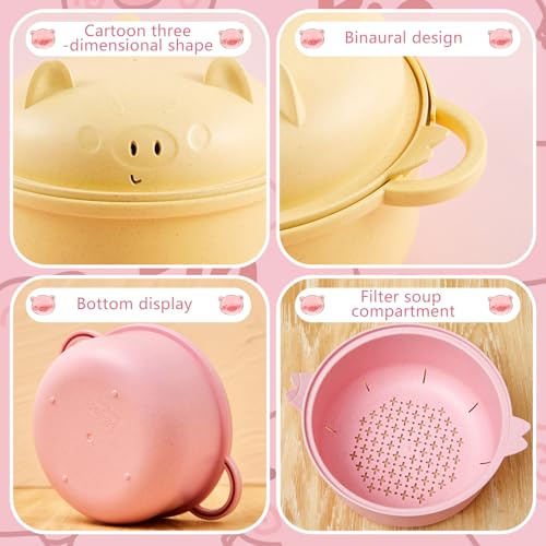 2 Sets Large 45oz Cute Pig Ramen Bowl Set Microwavable Pink, Yellow - color: Pink,Yellow