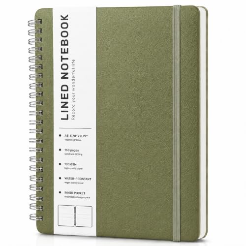 Lined Spiral Notebook for Women, A5 College Ruled Leather Spiral Journals - color: Green, size: A5