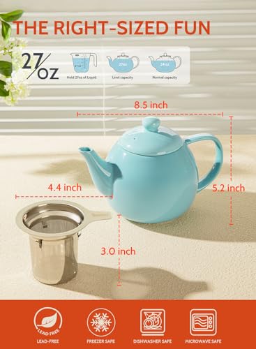 Sweese Teapot, Porcelain Tea Pot with Stainless Steel Infuser, Blooming & Loose Leaf Teapot - 27ounce, Turquoise - color: Turquoise, size: 27oz (with infuser)
