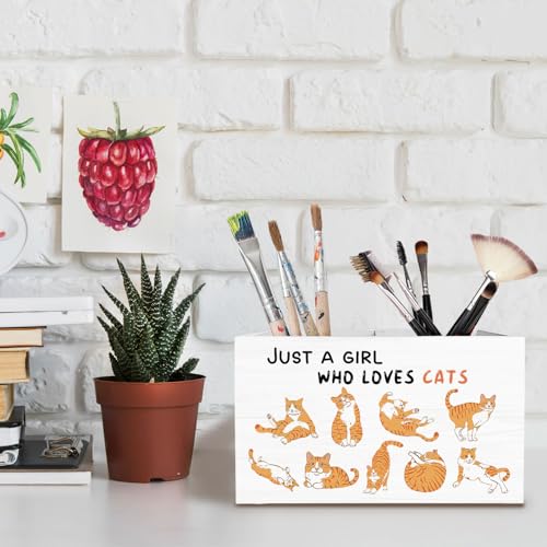 Cute Orange Cat Pen Holder for Desk, Cat Lover Mom Lady Owner Gifts Pencil Organizer, Just a Girl Who Loves Cats Wooden Box Sign Desk Decor for Girls Room Home Office Decoration - color: CUTE ORANGE CAT
