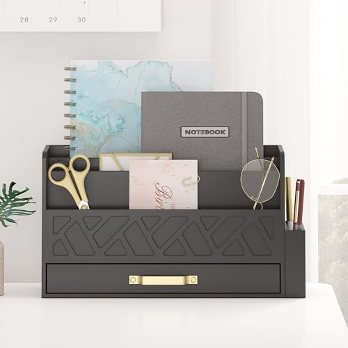 Wisuce Bamboo Mail Organizer Countertop with Drawer and Pen Holder, Black - color: Black