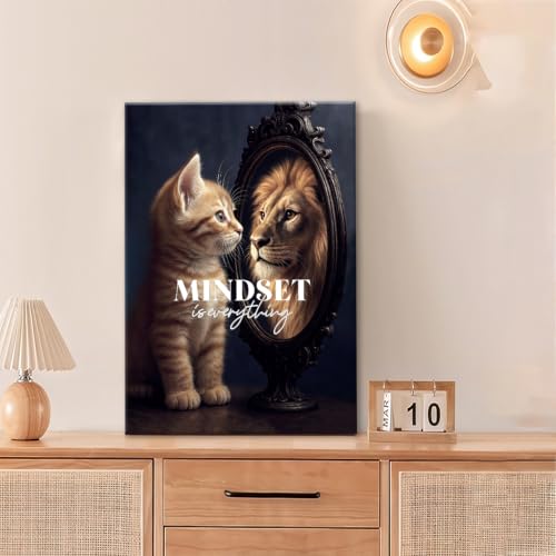 Motivational Lion And Cat Wall Art For Kids Mindset Is Everything Nursery Canvas Wall Decor Inspirational Pictures Paintings Prints Artwork Framed Decorations For Children's Room Bathroom Bedroom Living Room Office Gifts 16" x 24" - color: Cat And Lion, s