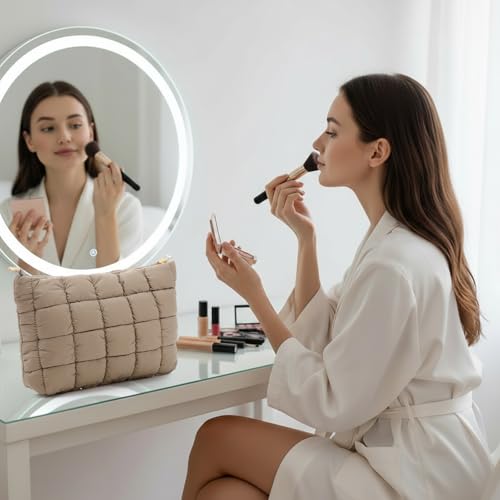 Hillban Light Tan Puffy Quilted Makeup Bag Cute Cosmetic Bag Gift, Classic - color: Light Tan, size: Classic