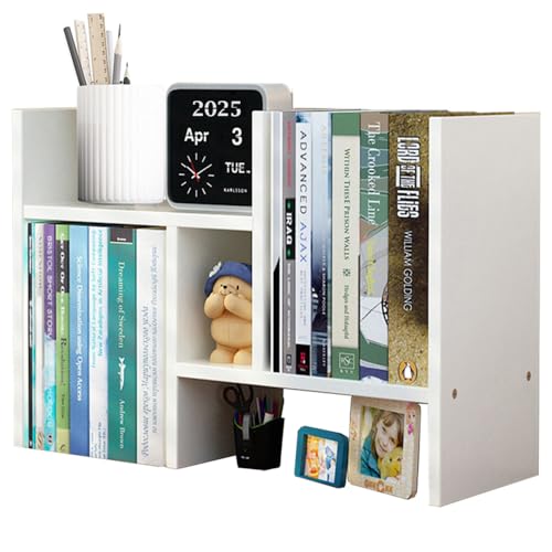 Meikuler Desktop Shelf Organizer, Adjustable Wood Display Desk Shelf, Office Storage Rack Tabletop Bookshelf Multipurpose Shelves for Home Decor, Office, Gifts - color: White